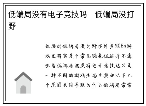 低端局没有电子竞技吗—低端局没打野